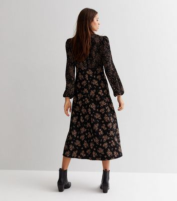 Black Ditsy Floral Crinkle Lace Long Sleeve Midi Dress New Look