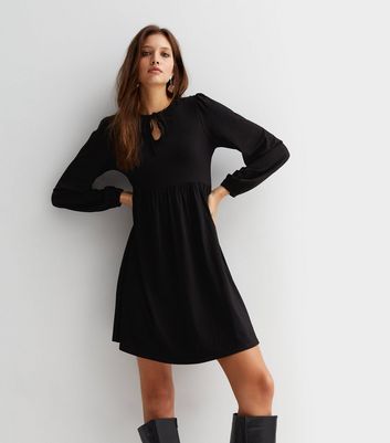 Black Jersey Tie Neck Long Sleeve Mini Dress | New Look