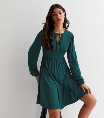 Dark Green Jersey Tie Neck Long Sleeve 