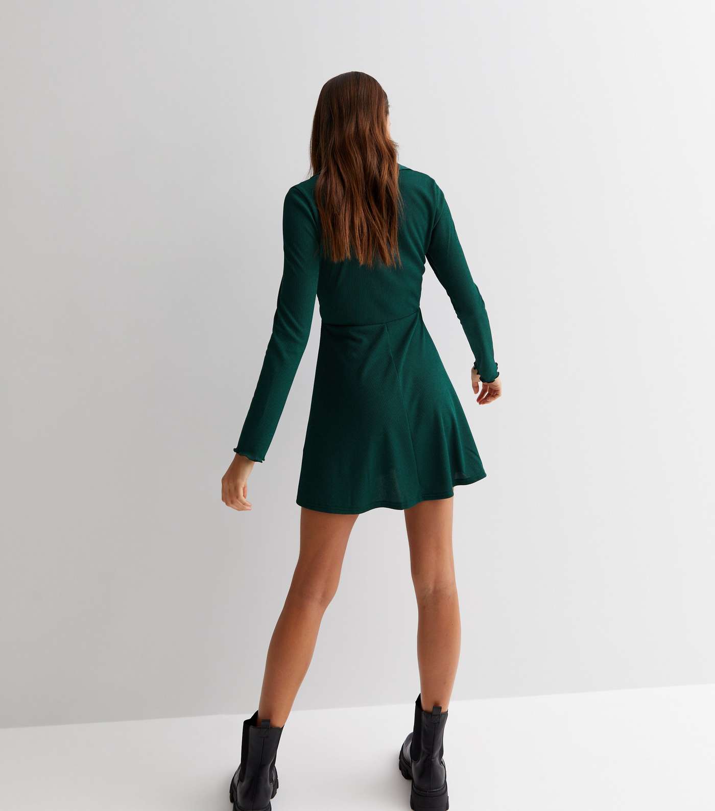 Dark Green Jersey Long Sleeve Ruched Front Mini Dress Image 4