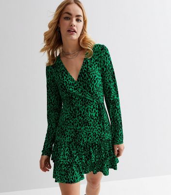 Green Leopard Print V Neck Long Sleeve Tiered Hem Mini Wrap Dress New Look