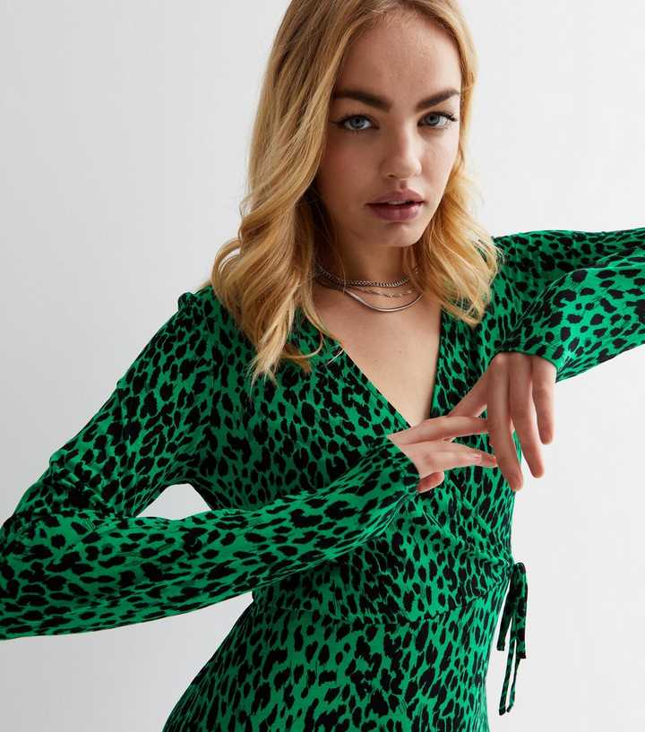 Green Leopard Print V Neck Long Sleeve Tiered Hem Mini Wrap Dress | New Look