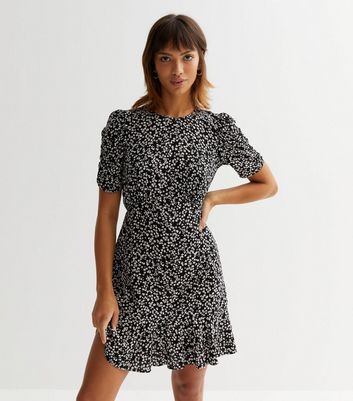 Black Ditsy Floral Ruched Mini Dress