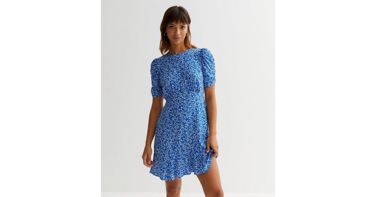 Blue Ditsy Floral Ruched Mini Dress | New Look