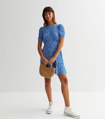 Eviana Short Blue Floral Dress w/ Ruched Bust