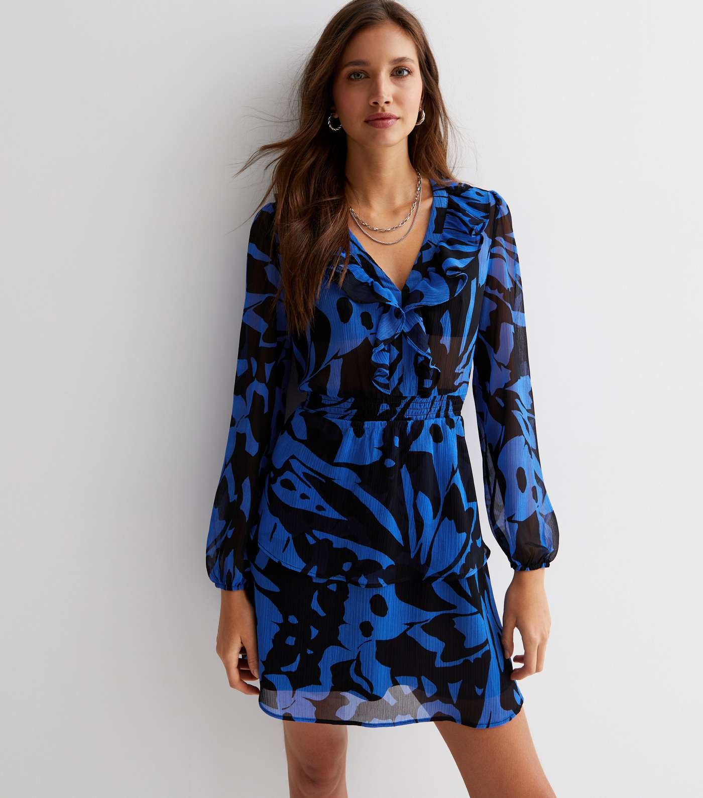 Blue Abstract Chiffon Ruffle Tiered Mini Dress Image 3