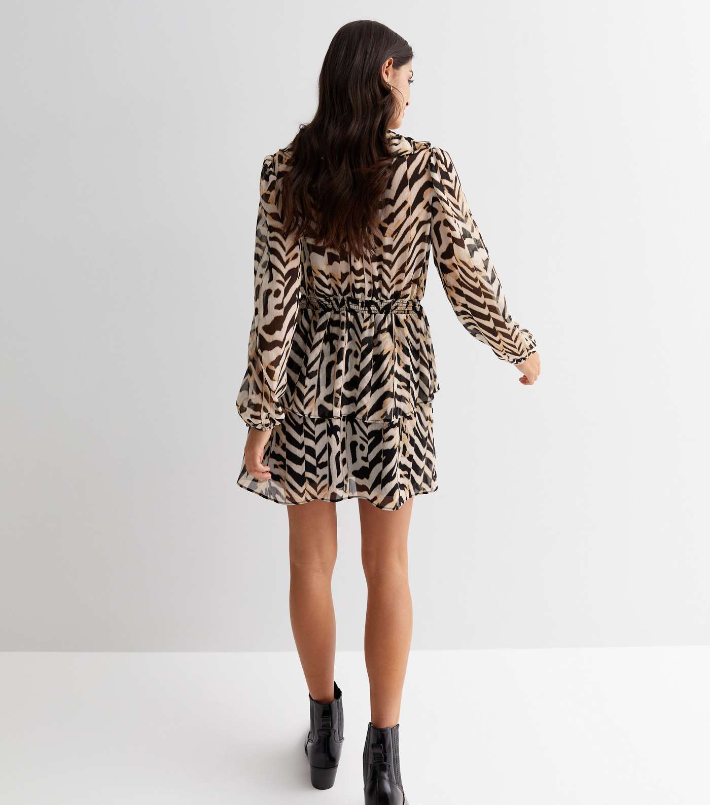 Brown Zebra Print V Neck Long Sleeve Chiffon Mini Dress Image 4