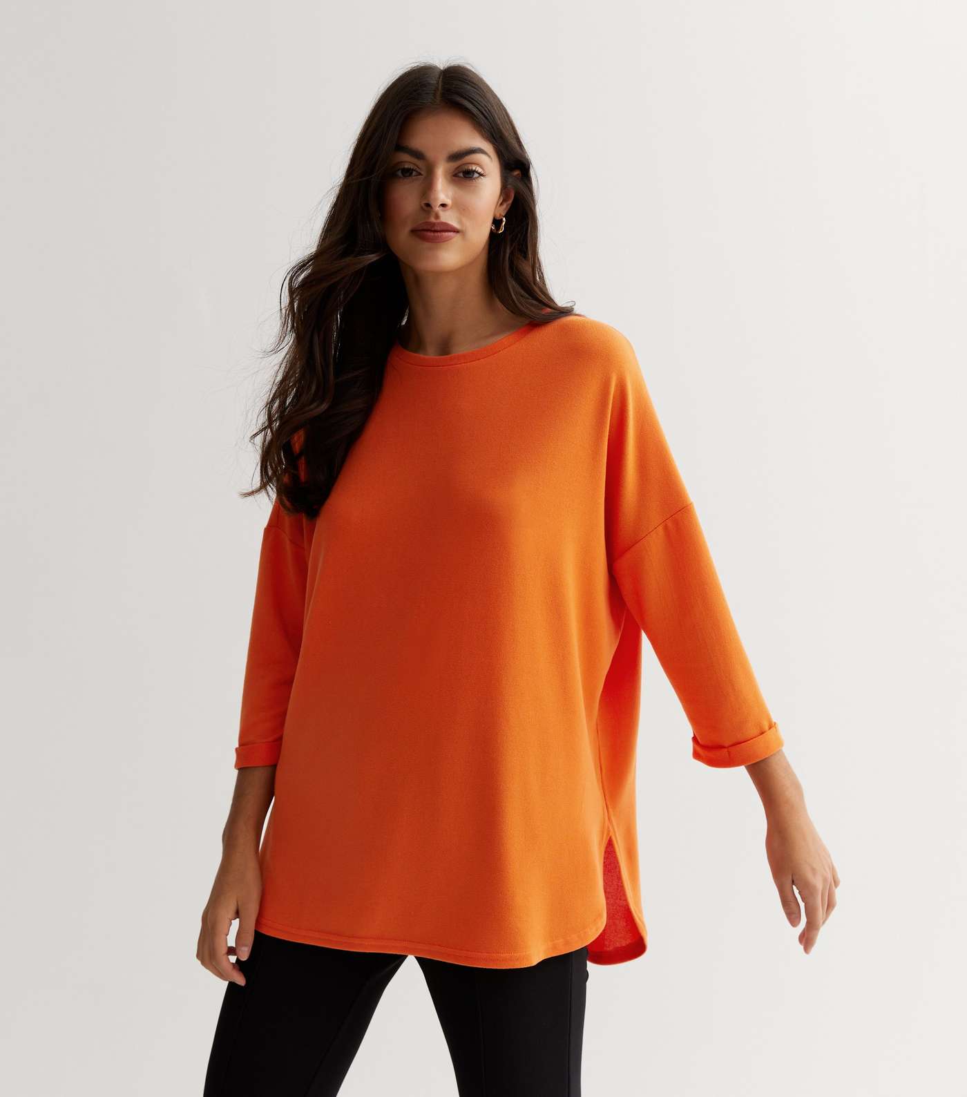 Bright Orange Fine Knit 3/4 Sleeve Split Hem Top