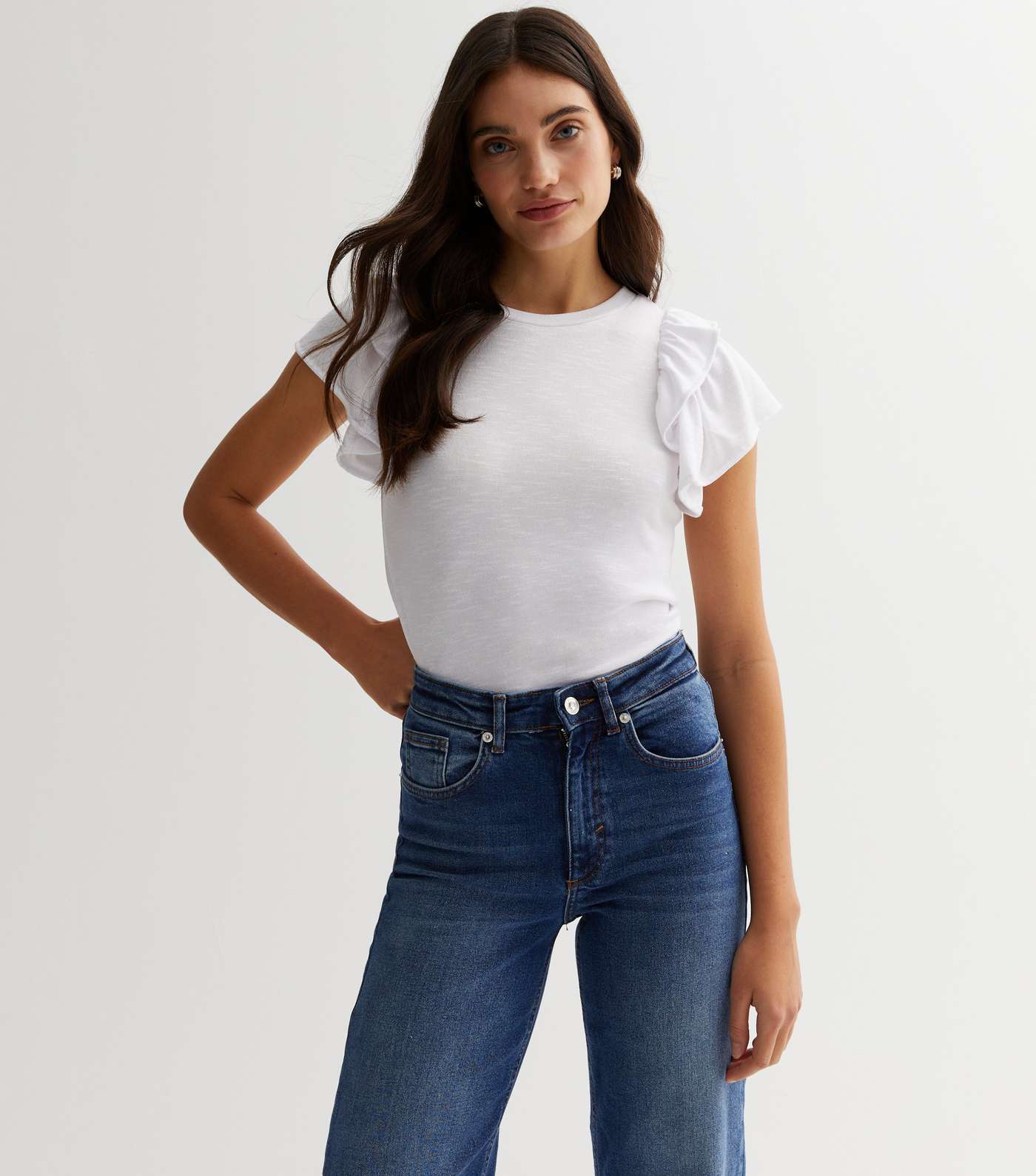 White Fine Knit Double Frill Sleeve T-Shirt Image 2