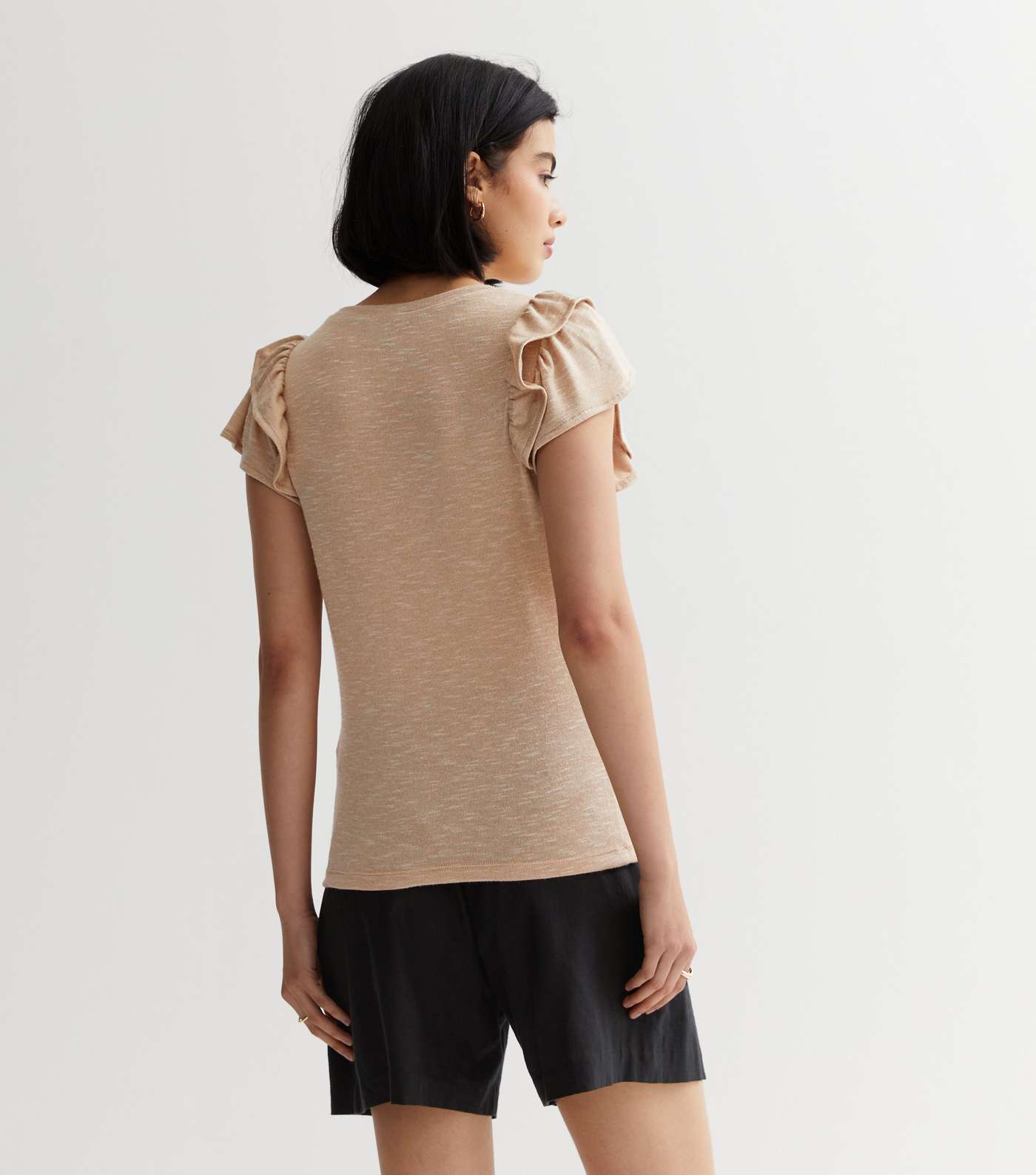 Camel Fine Knit Double Frill Sleeve T-Shirt Image 4