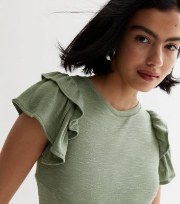 Olive Fine Knit Double Frill Sleeve T-Shirt | New Look