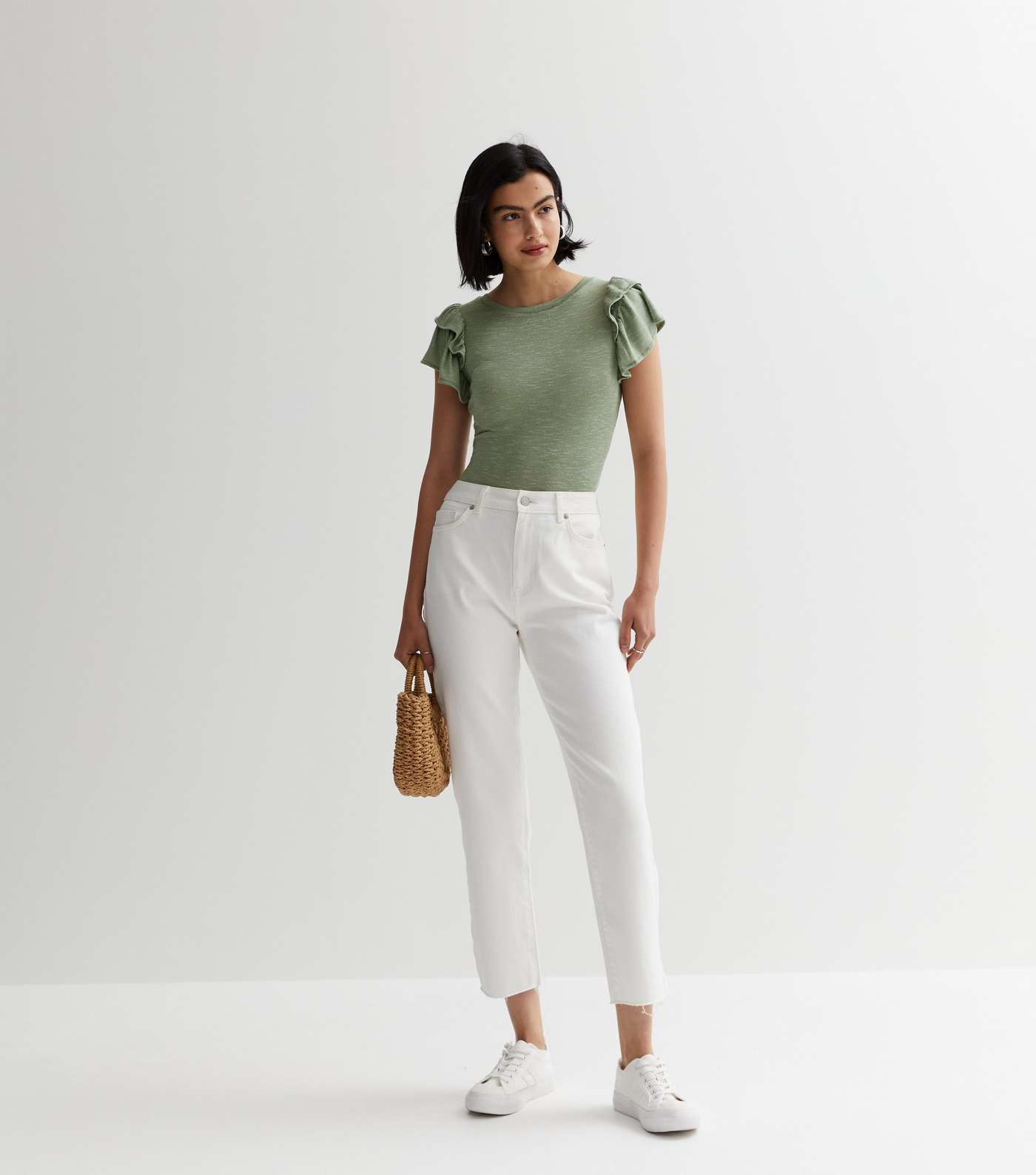 Olive Fine Knit Double Frill Sleeve T-Shirt Image 3