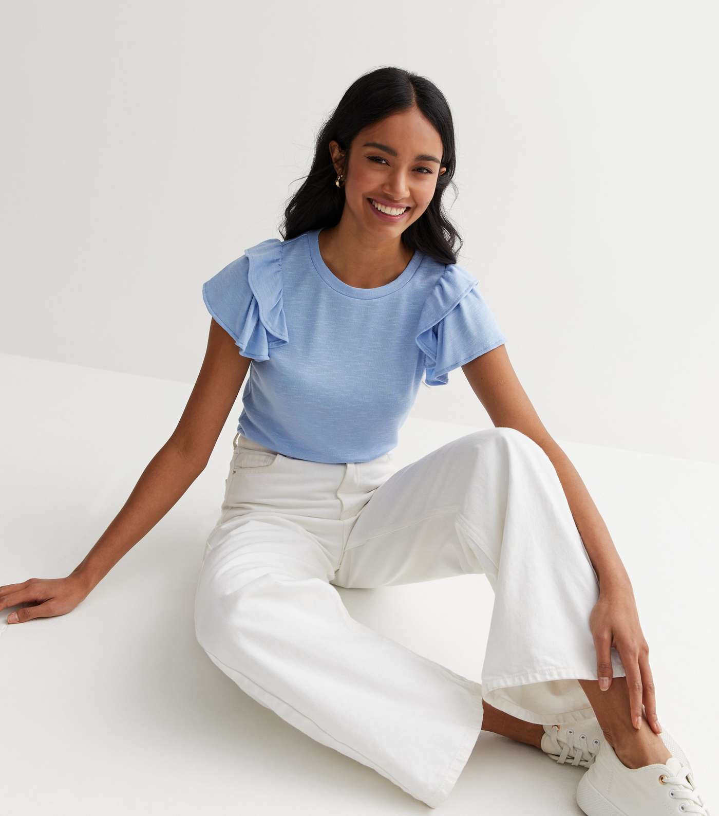 Pale Blue Fine Knit Double Frill Sleeve T-Shirt Image 2