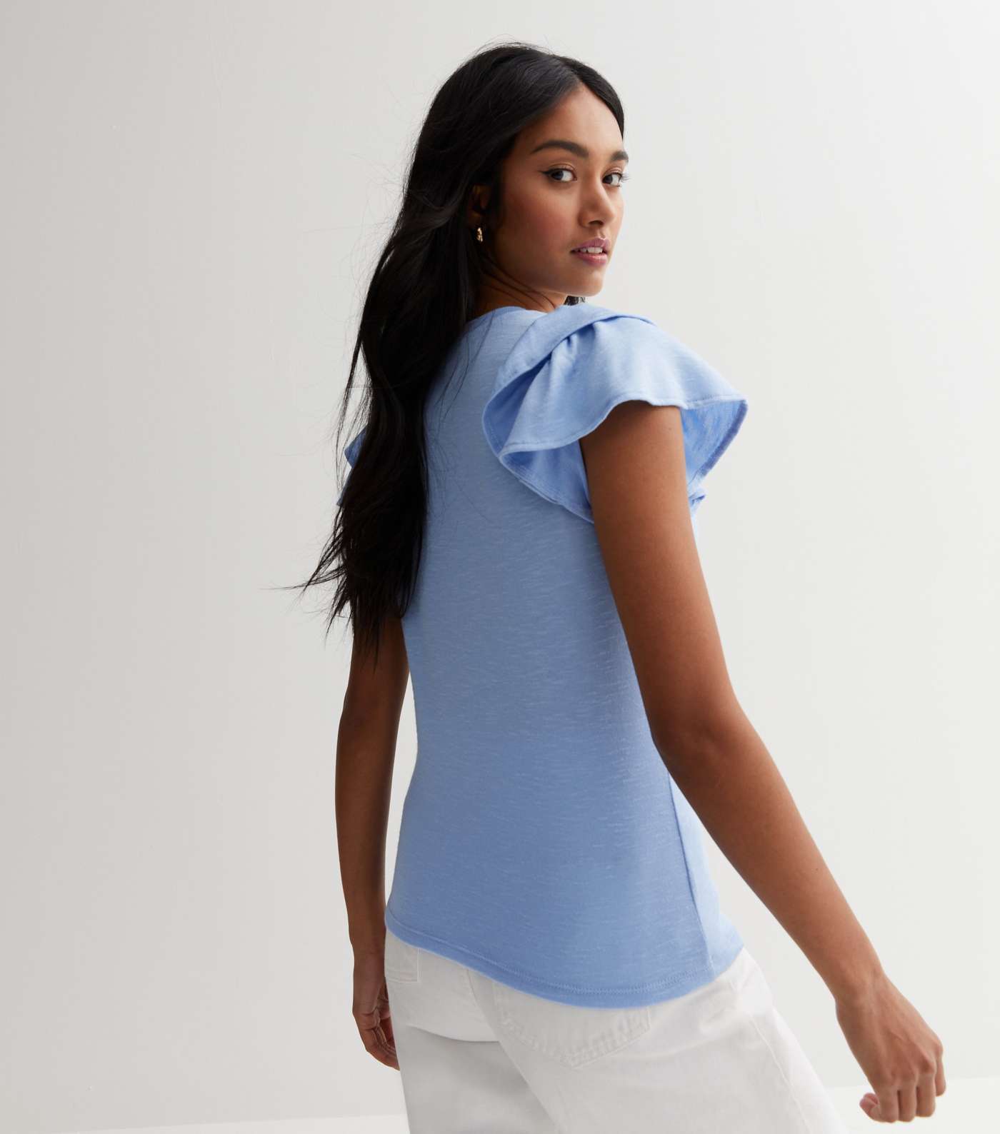 Pale Blue Fine Knit Double Frill Sleeve T-Shirt Image 4