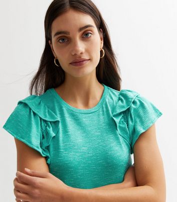 Turquoise Fine Knit Double Frill Sleeve T Shirt   New Look