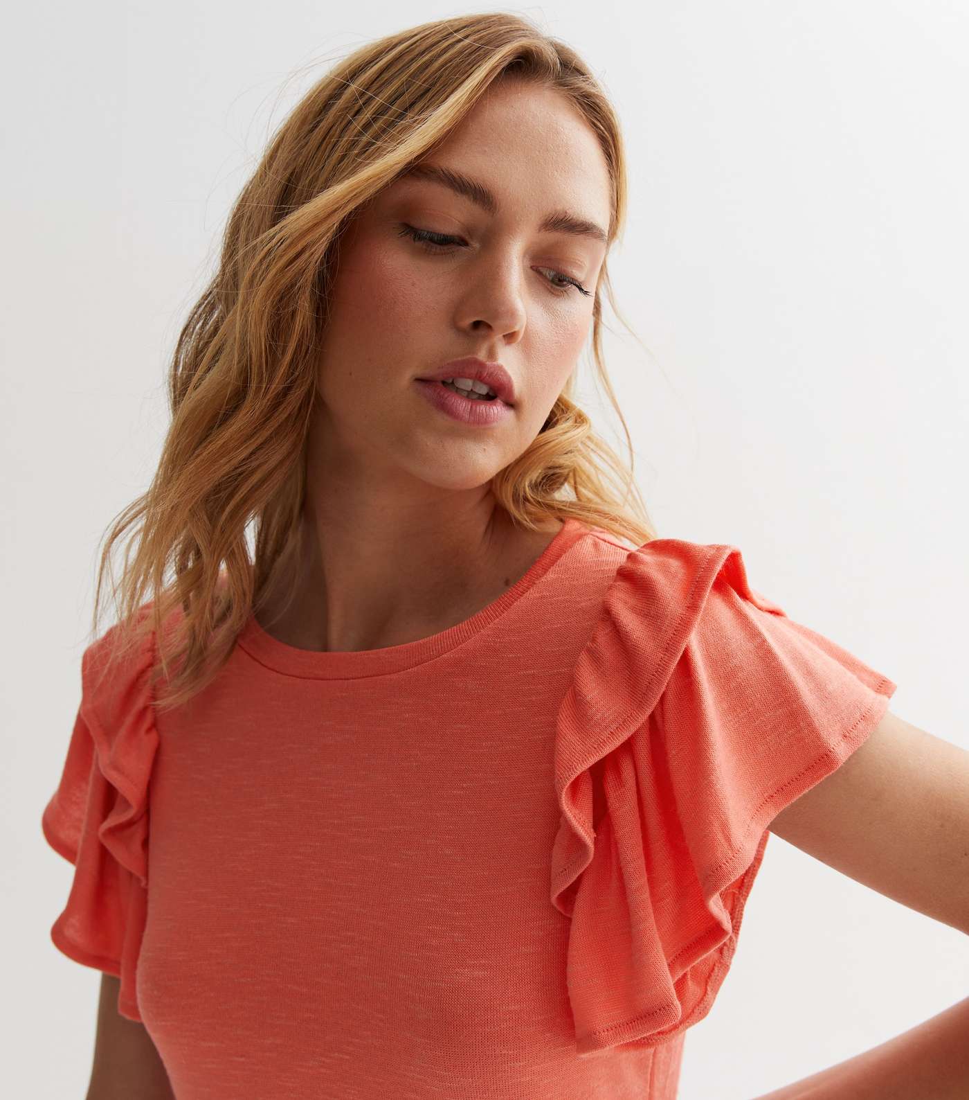 Coral Fine Knit Double Frill Sleeve T-Shirt
