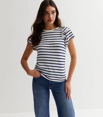 Blue Stripe Fine Knit Frill Sleeve T-Shirt