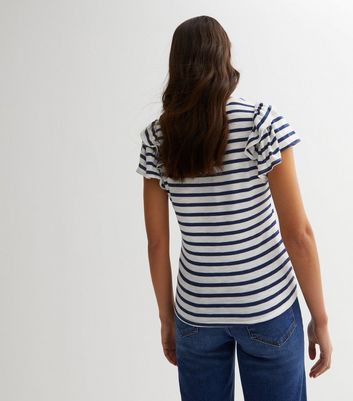 Blue Stripe Fine Knit Frill Sleeve T-Shirt