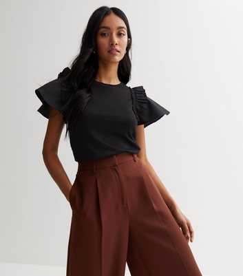 Black Fine Knit Poplin Frill Sleeve Top