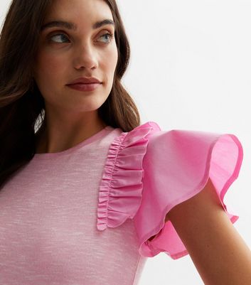 Bright Pink Fine Knit Poplin Frill Sleeve Top New Look