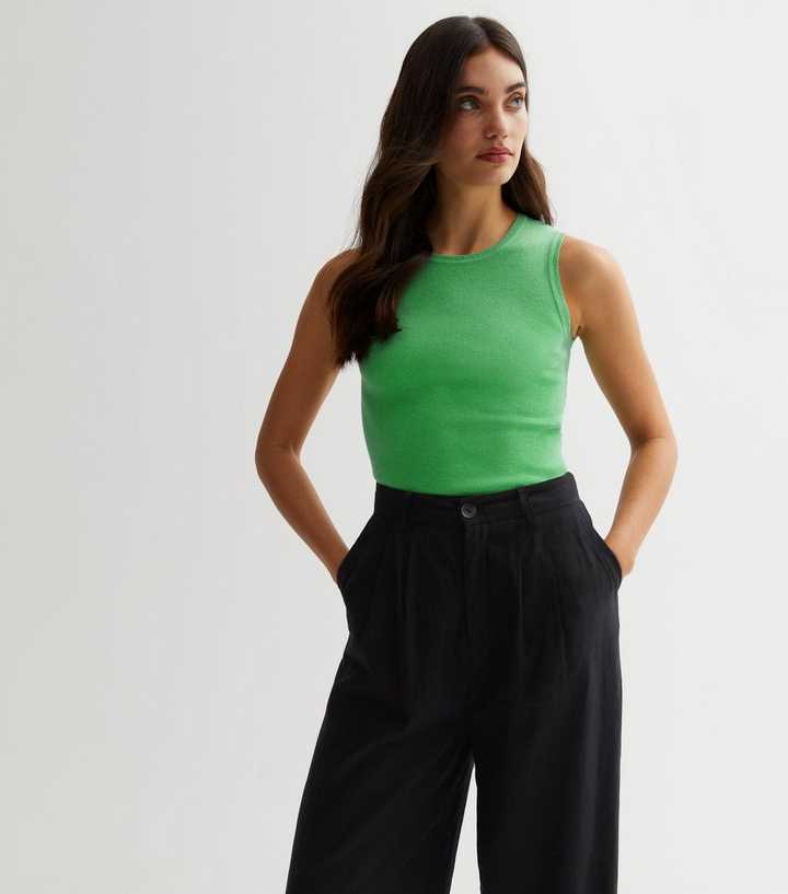 Green Ribbed Knit Crew Neck Vest