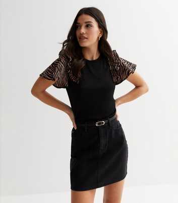 Black Fine Knit Tiger Print Frill Sleeve Top