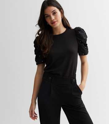 Black Fine Knit Ruched Stud Sleeve Top