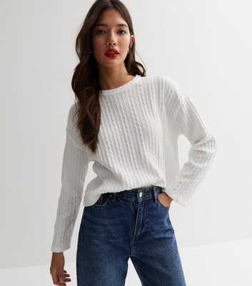 White Fine Cable Knit Long Sleeve Top