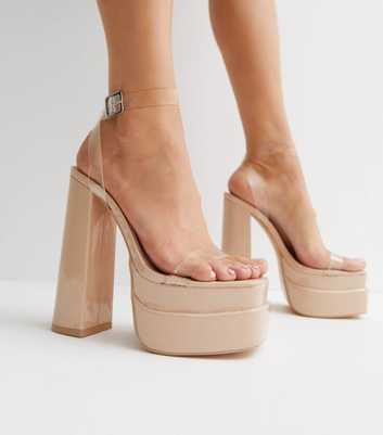 Public Desire Pale Pink Clear Strap Platform Block Heel Sandals