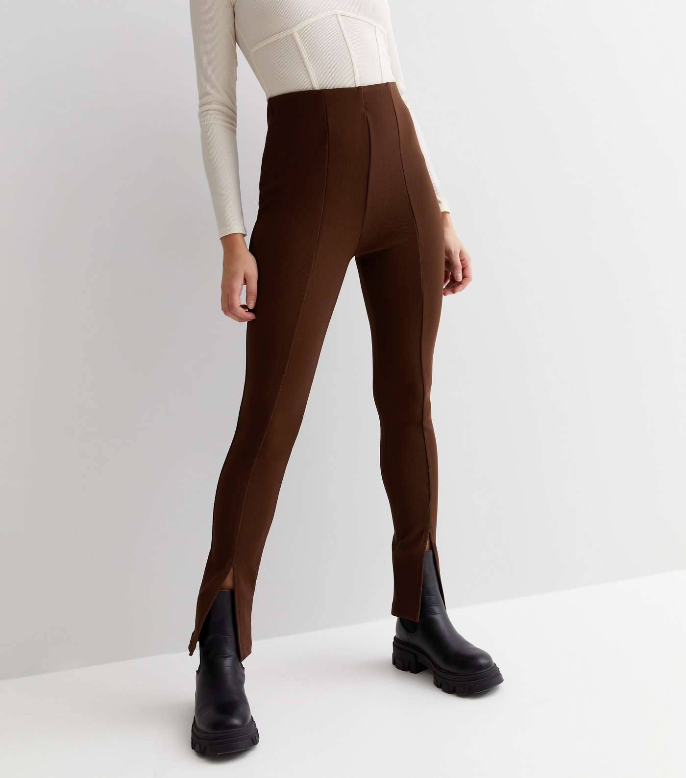 Dark Brown Ribbed High Waist Zip Front Leggings Image 2