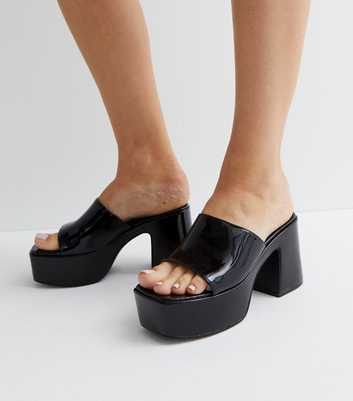 Public Desire Black Patent Platform Block Heel Mule Sandals