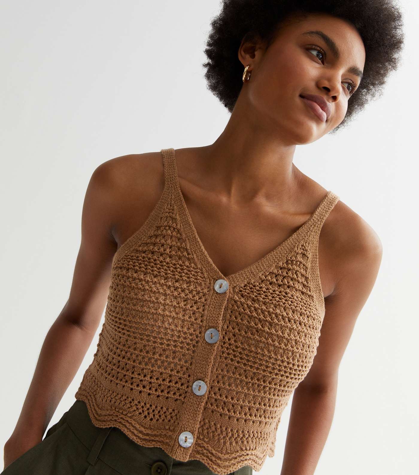 Tan Crochet Knit Frill Hem Crop Vest