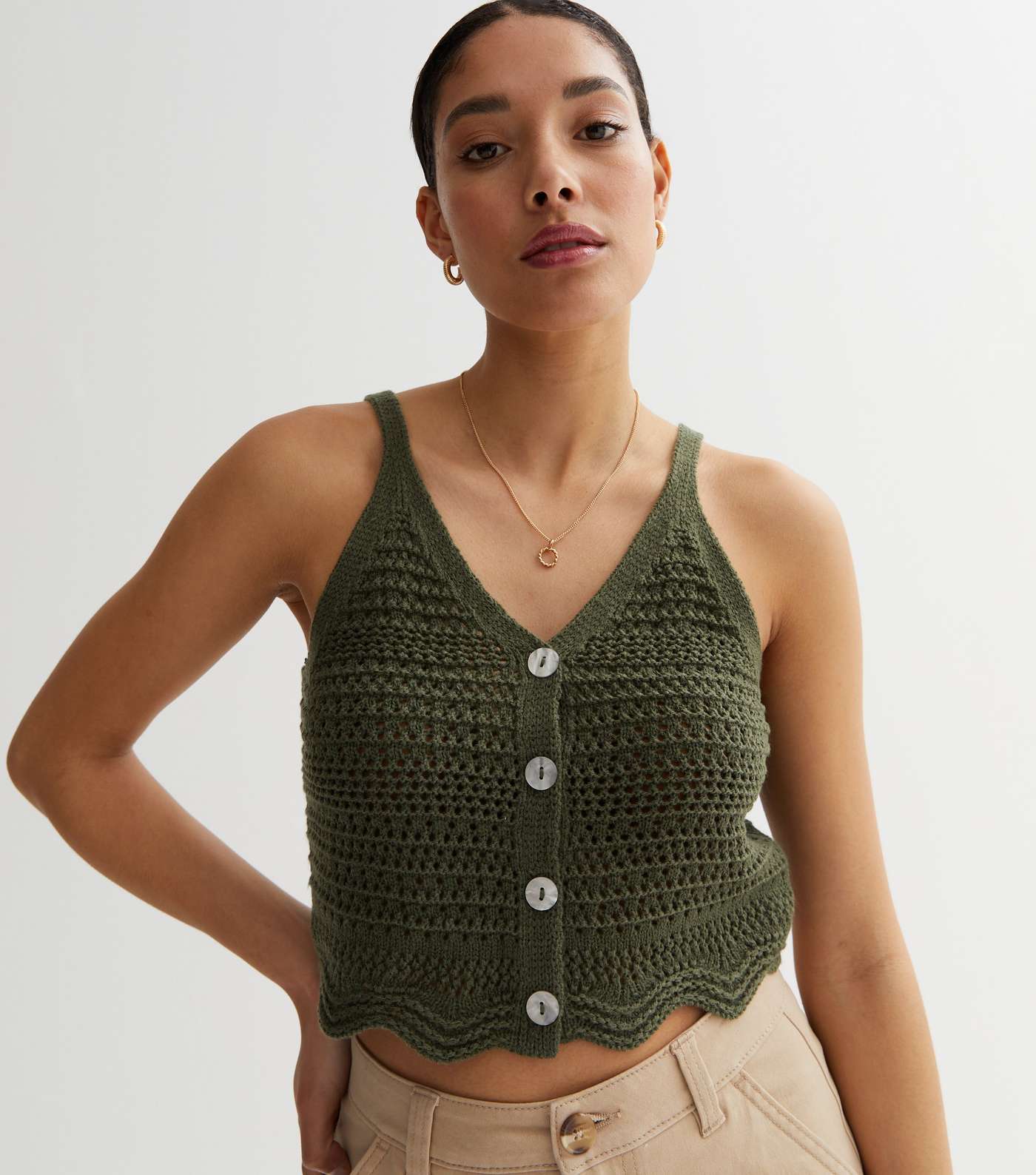 Khaki Crochet Knit Frill Hem Crop Vest