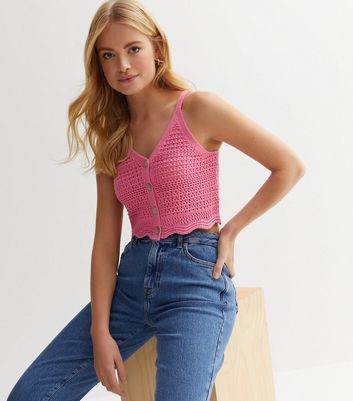 Andmary Crochet frill knit tops pink Crochet frill knit tops