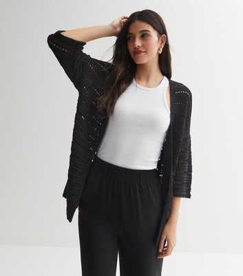 Black Crochet Knit 3/4 Wide Sleeve Long Cardigan
