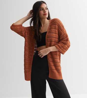 Rust Knit 3/4 Sleeve Long Cardigan