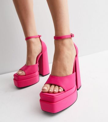 Public Desire Mid Pink Satin Block Platform Heel Sandals | New Look