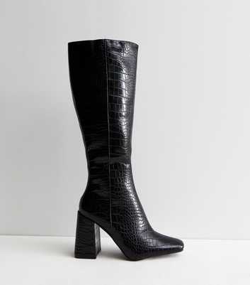 Public Desire Black Faux Croc Block Heel Knee High Boots
