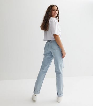 Girls Pale Blue Ripped Knee Slim Fit Tori Mom Jeans New Look