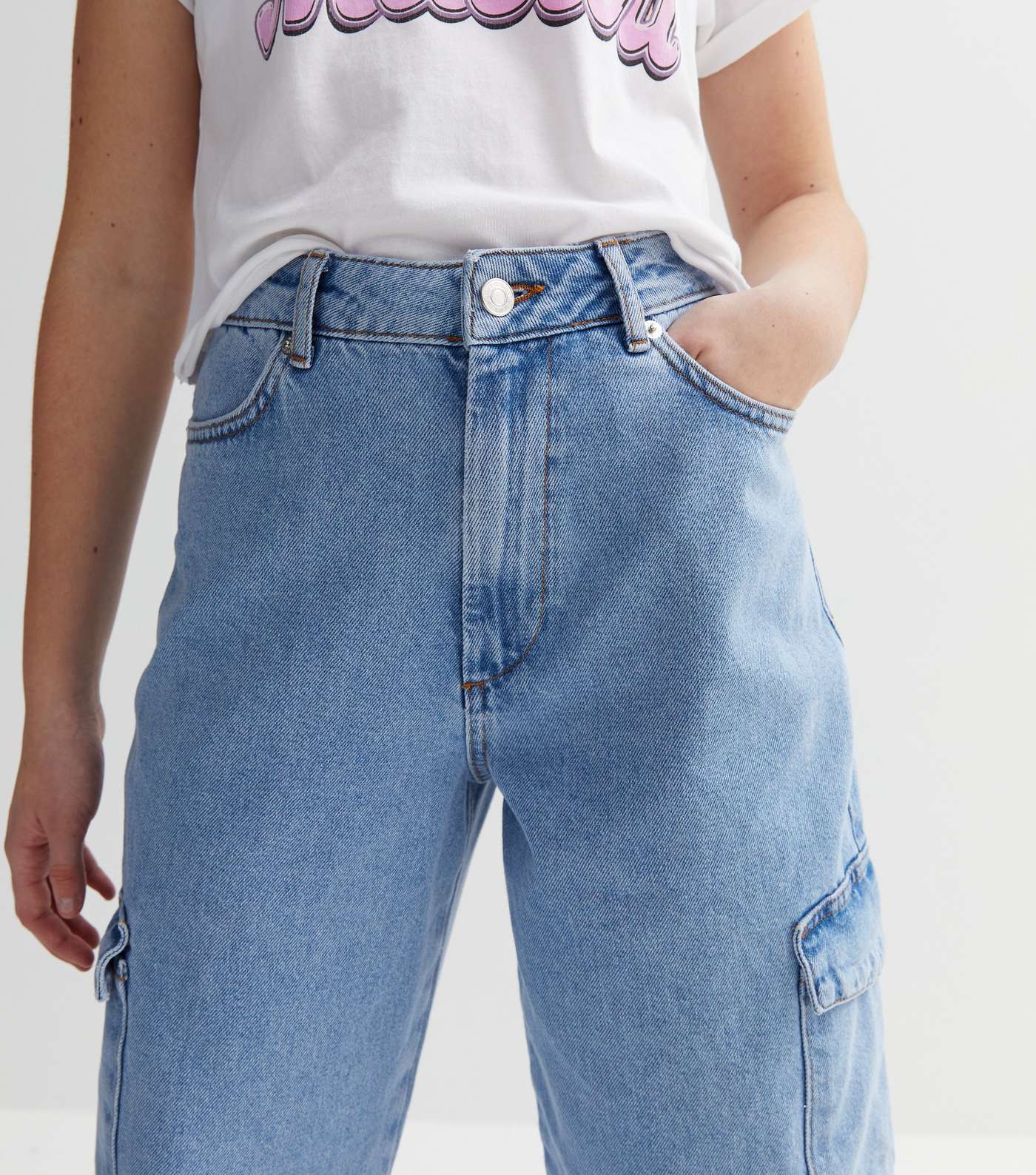 Girls Pale Blue Cargo Pocket High Waist Sinead Baggy Fit Jeans Image 3