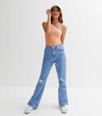 Girls Bright Blue High Waist Ripped Knee Split Hem Flared Brooke Jeans