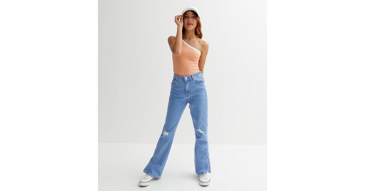 Pre-Order Sky Blue Split Hem Ripped High Waist Flare Jeans main image 1