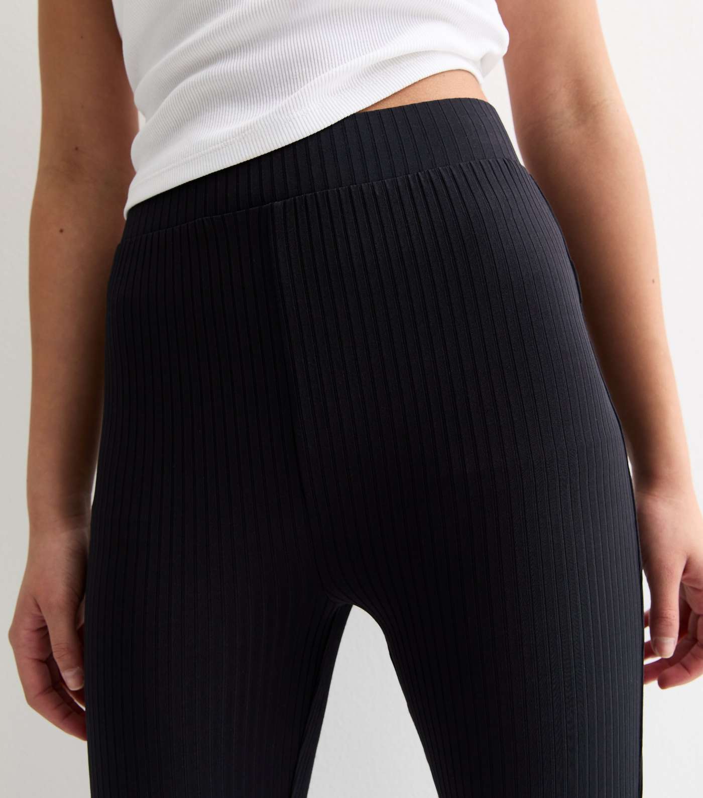 Girls Black Ribbed High Waist Flared Trousers Image 3