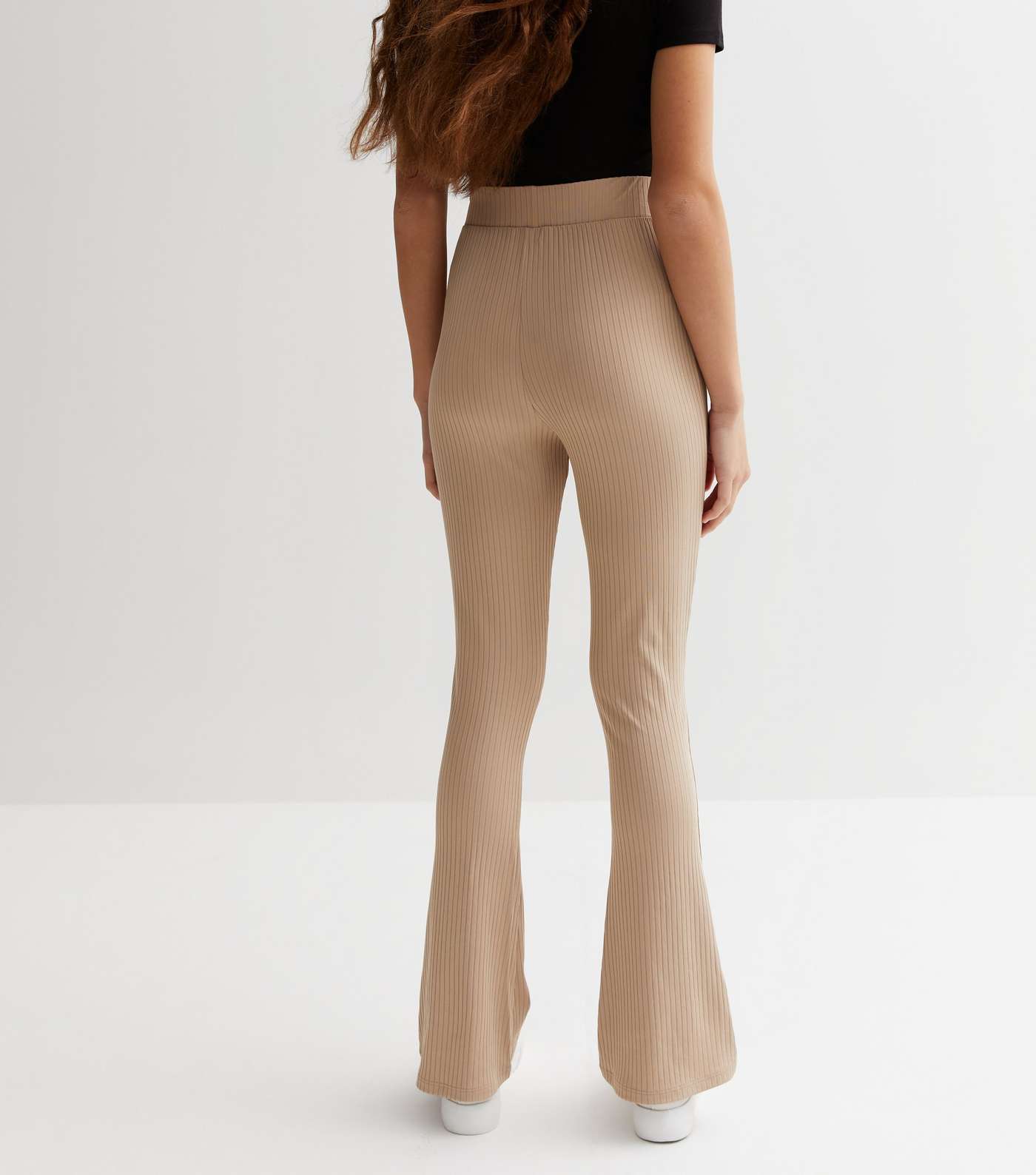 Girls Camel Ribbed High Waist Flared Trousers Image 4