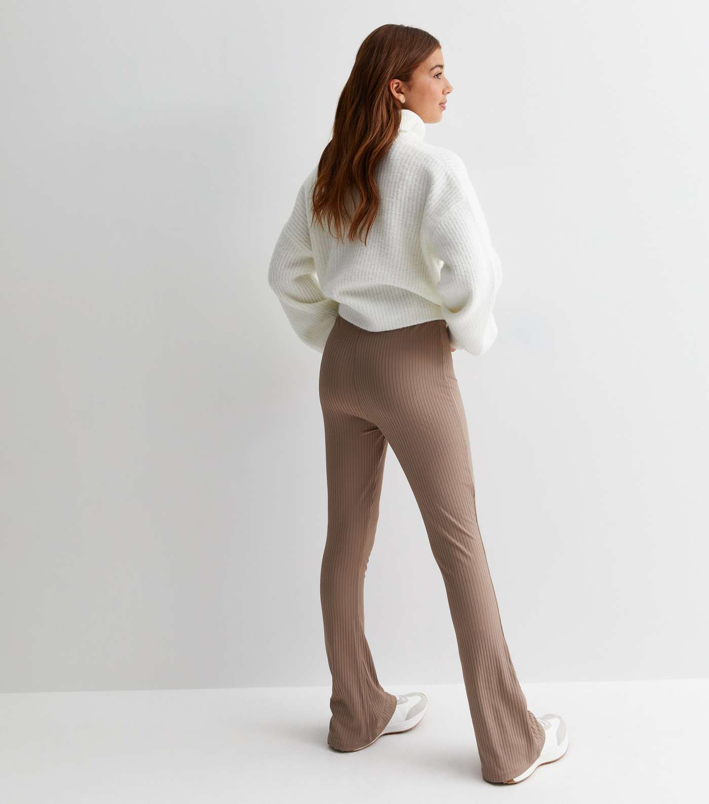 Girls Light Brown Ribbed High Waist Flared Trousers Image 4