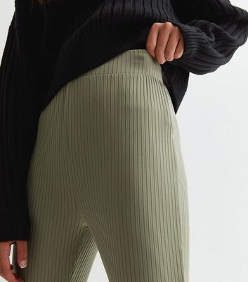 Girls Khaki Ribbed High Waist Flared Trousers