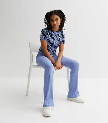 Girls Pale Blue Ribbed High Waist Flared Trousers