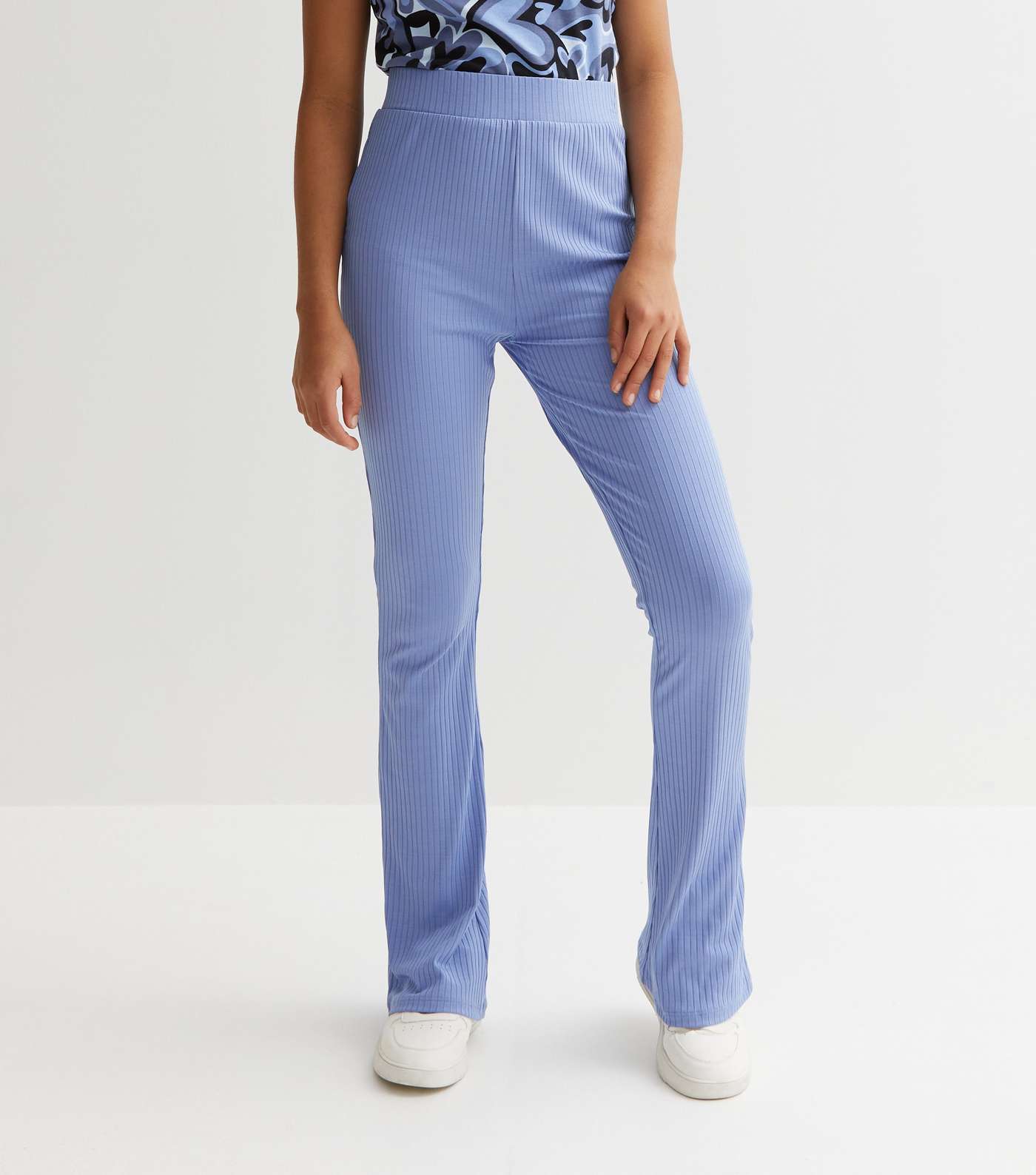 Girls Pale Blue Ribbed High Waist Flared Trousers Image 2