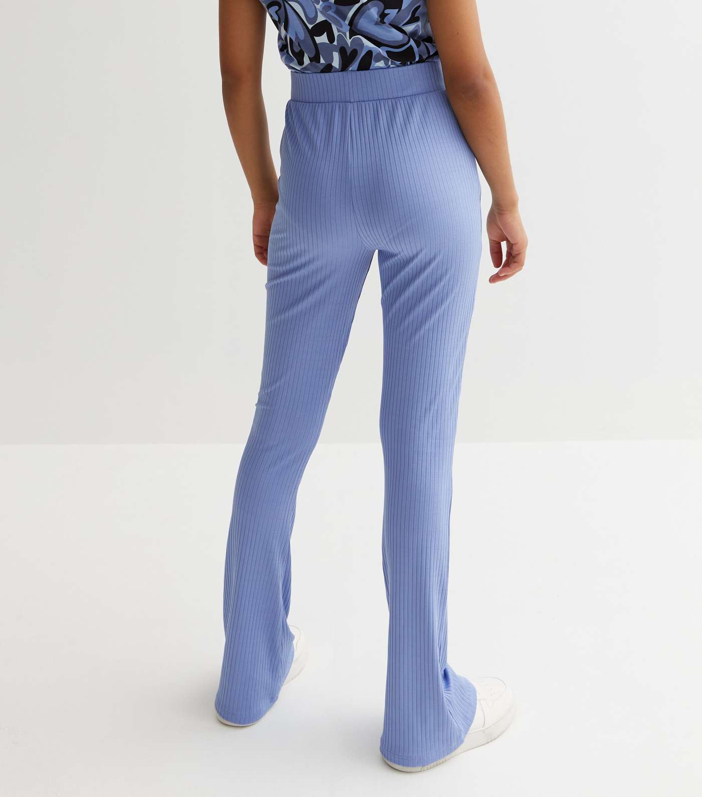 Girls Pale Blue Ribbed High Waist Flared Trousers Image 4