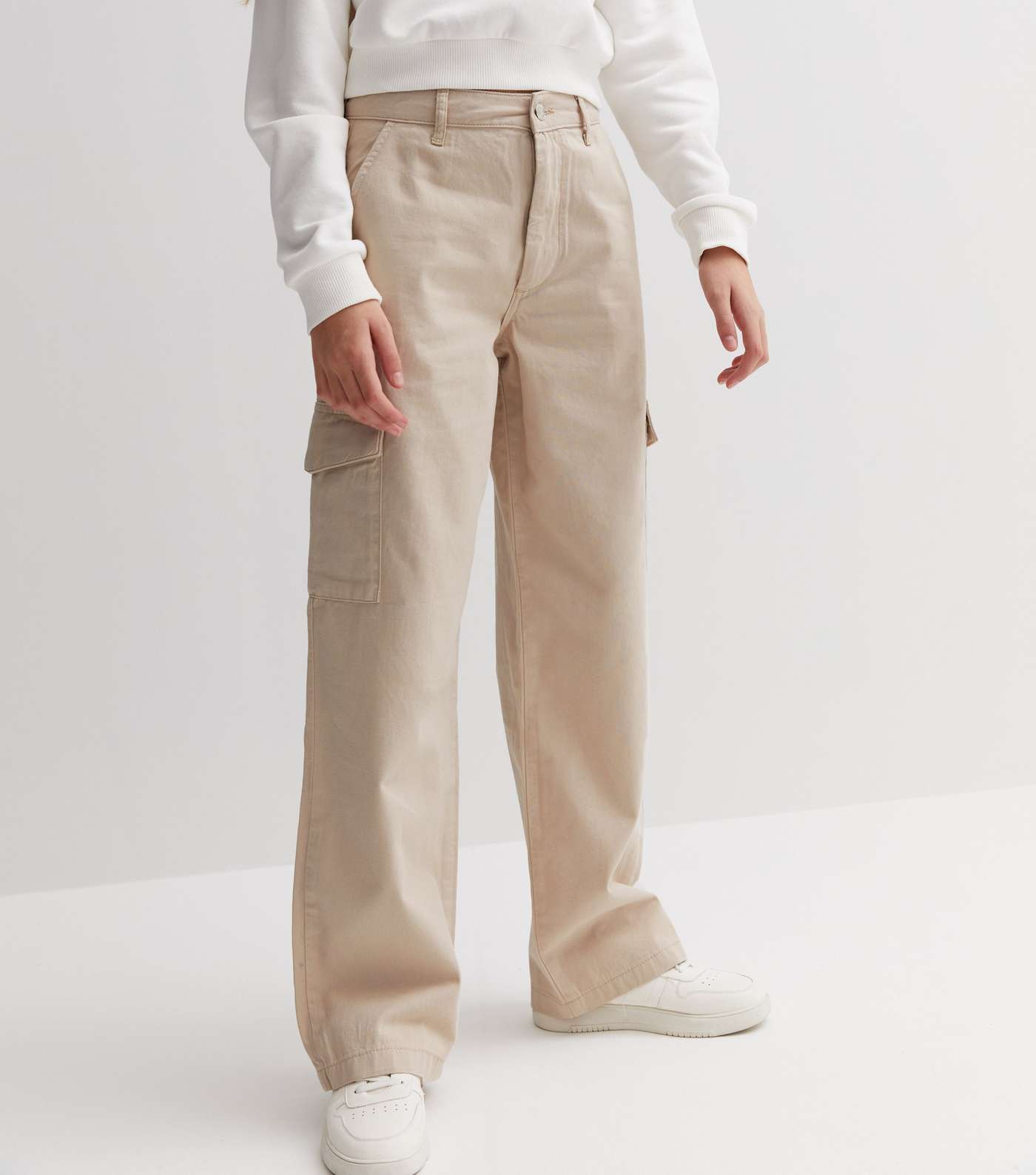 Girls Cream Mid Rise Wide Leg Cargo Trousers Image 2